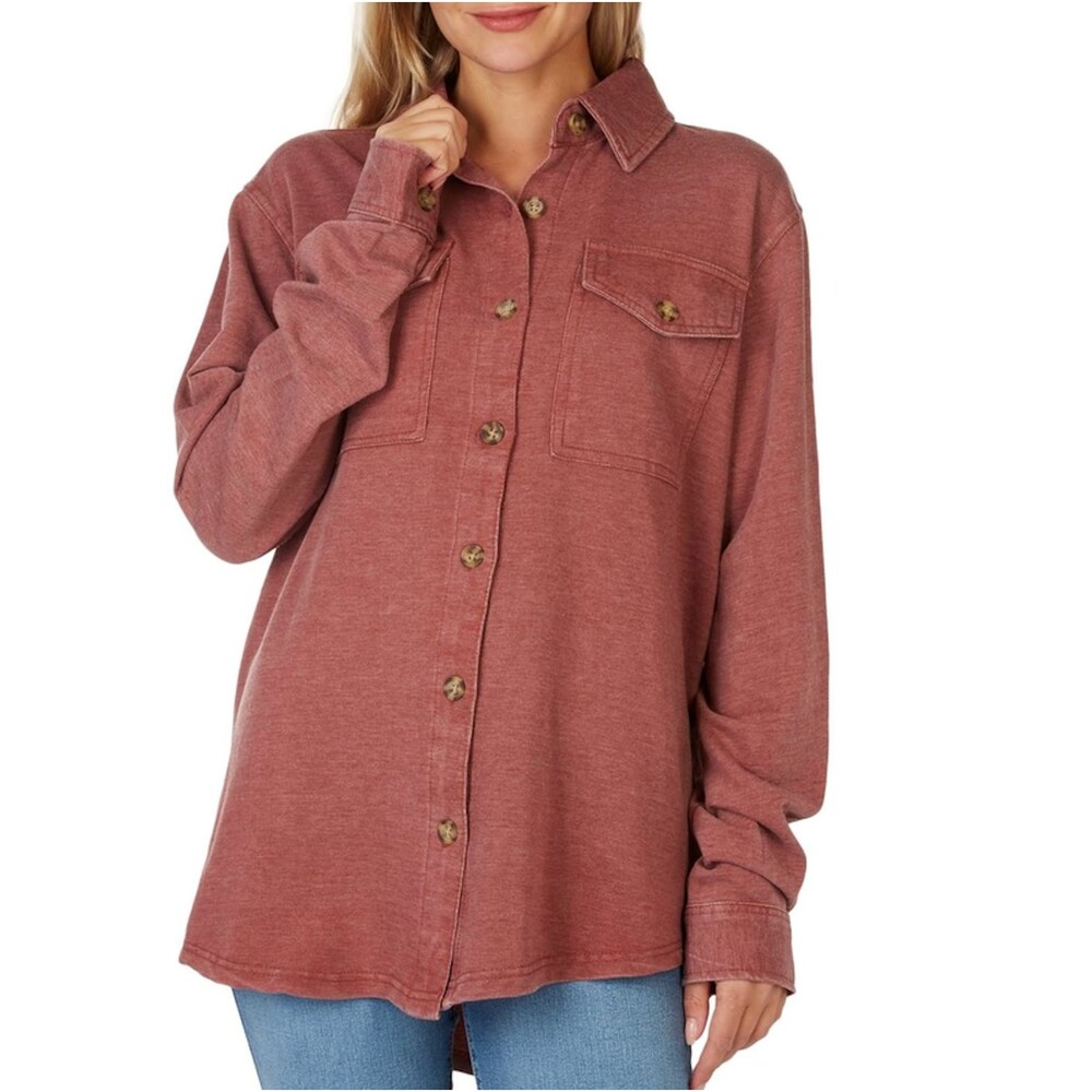 Wallflower Junior's Heathered Button Down Shirt Long Sleeve Size M Apple Butter